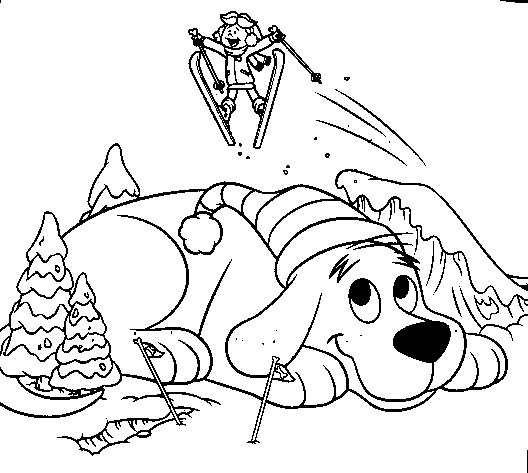 coloriage clifford fait du ski avec sa jeune maitresse